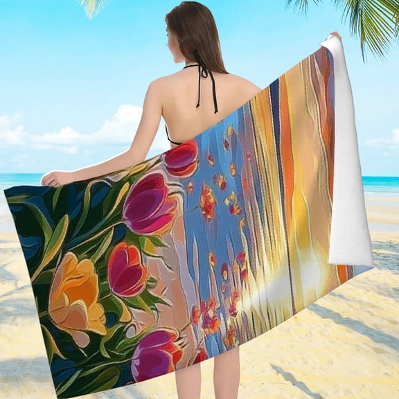 ZFLMY Large Oversized Beach Towel - Flowers, Water, Sunset Print, Ultra-Soft Microfiber for Bathroom, Beach, Yoga, Camping, Hiking 55.1x27.6in