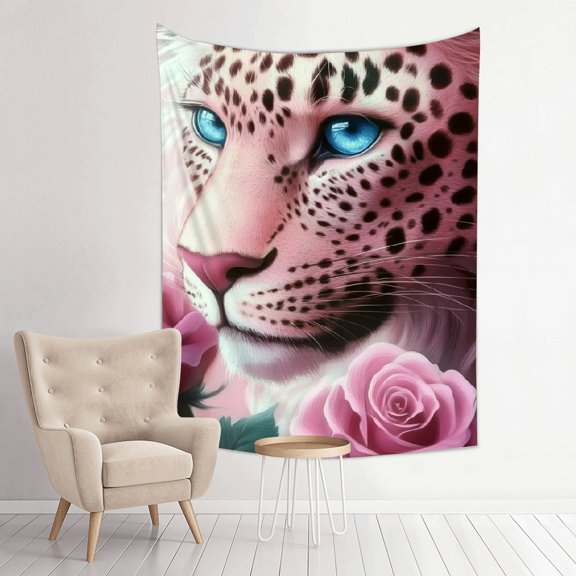 ZFLMY Leopard Blue Eyes Pink Rose Tapestry Wall Hanging Home Decor 30*40in