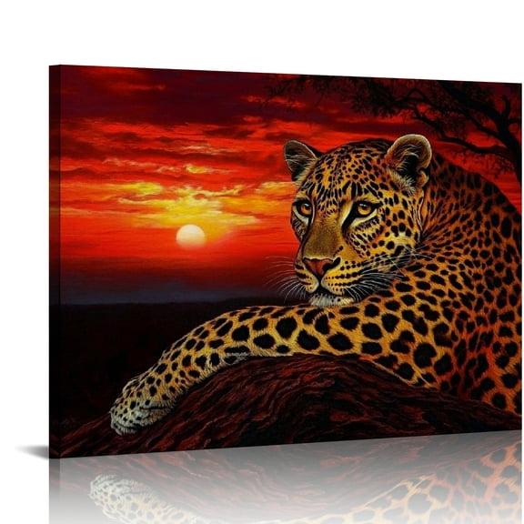 ZFLMY Leopard Night Red Sky Canvas Prints Wall Art Decor, Ready To Hang Room Home Art Decor 16x12in
