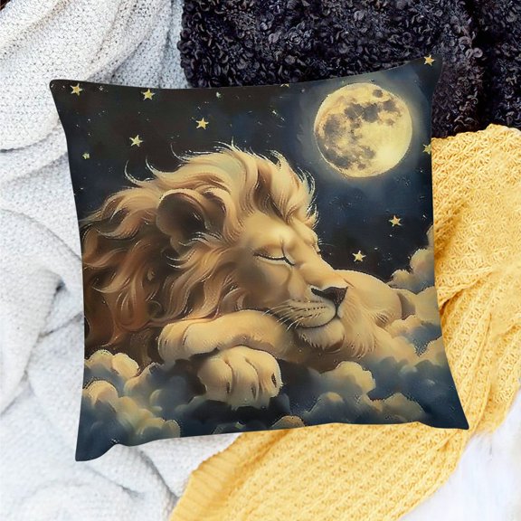 ZFLMY Lion Moon Cloud Throw Pillow Cover for Sofa Couch, 100% Linen Decorative Cushion Case for Home Decor, 3 Sizes Available 18x18in