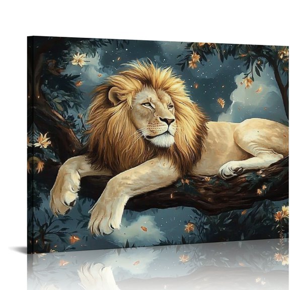 ZFLMY Lion Tree Branch Fantasy Art Canvas Wall Decor Ready To Hang 16x12in