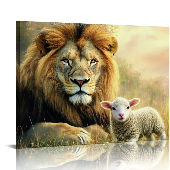 ZFLMY Lion Wall Art, Jesus and Lamb Wall Decoration, Jewish Lion Canvas Pictures, Christian Bible Print, Country Animal Painting, Religious Artwork, Living Room, Bedroom, Home Decoration 16x12in