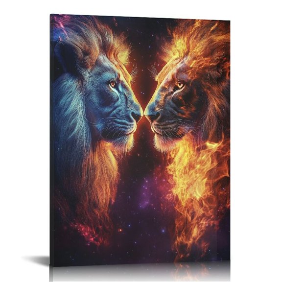 ZFLMY Lions Flames Photorealism Canvas Prints Wall Art Decor 16x20in