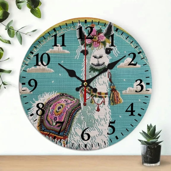 ZFLMY Llama Cross Stitch Round Wooden Wall Clock for Home Decor, Silent Mechanical Movement, Ideal for Living Rooms, Kitchens, and Dorms, Practical Everyday Gifts Included, 10-inch Screen 10x10in
