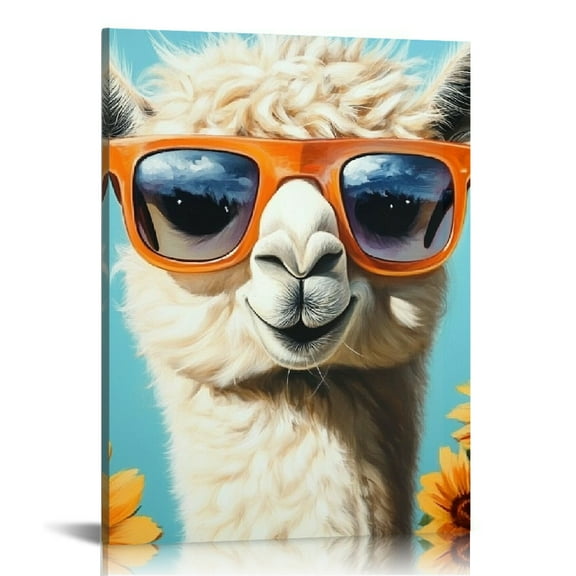 ZFLMY Llama Sunglasses Flowers Canvas Wall Art Decor Ready to Hang - Home Decor for Bedroom, Kitchen, Living Room, Office - Great Gift Idea 12x16in