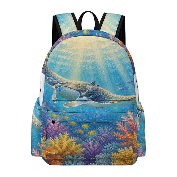 ZFLMY Manta Ray Swimming In Coral Ocean Printed Oxford Backpack, Large Capacity Laptop Backpack, Water Resistant, Travel Daypack for College Work Commuting Adults,