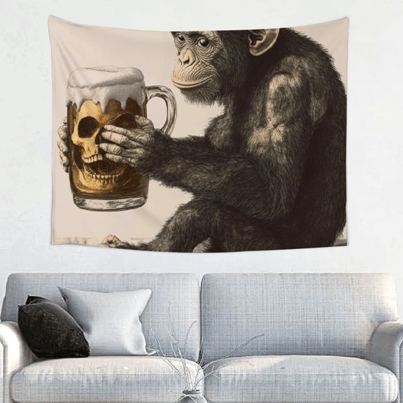 ZFLMY Monkey Beer Skull Tapestry Wall Hanging 100% Polyester Decorations for Dorm, Bedroom, Living Room - Aesthetic Home Decor 40x30in