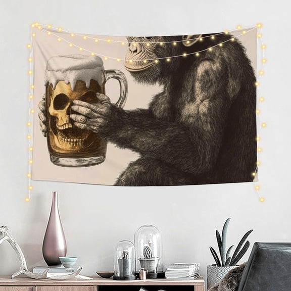ZFLMY Monkey Beer Skull Tapestry Wall Hanging 100% Polyester Decorations for Dorm, Bedroom, Living Room - Aesthetic Home Decor 60x40in