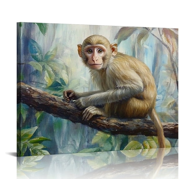ZFLMY Monkey Tree Branch Forest Canvas Wall Art Decor for Home Living Room Bedroom Kitchen Bathroom Office Salon, Modern Prints Ready To Hang 16x12in