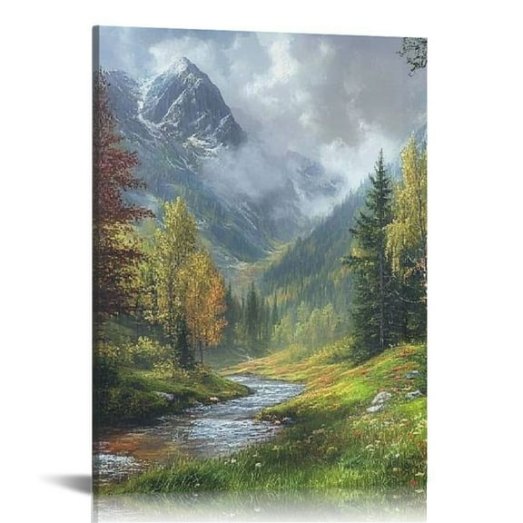 ZFLMY Mountain Stream Trees Print On Canvas Wall Art Home Decor for Living Room Bathroom Bedroom Office 12x16in