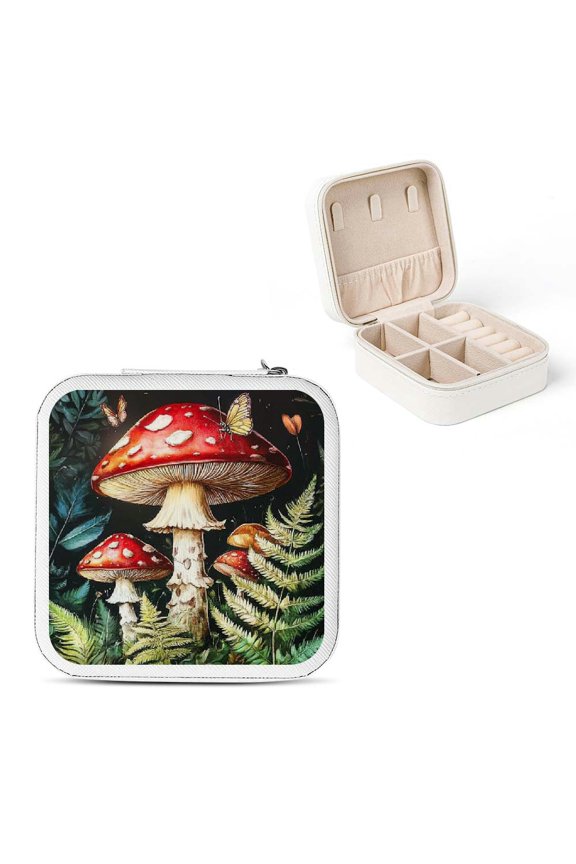 Mushrooms Ferns Butterfly Jewelry Box for Necklaces Rings Earrings White