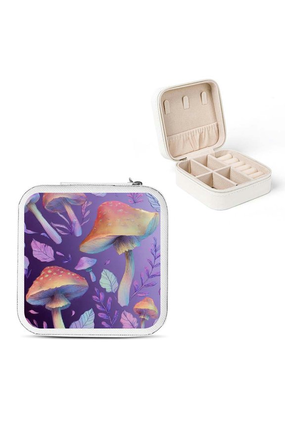 Mushrooms Leaves Jewelry Box PU Leather Necklace Ring Earring White
