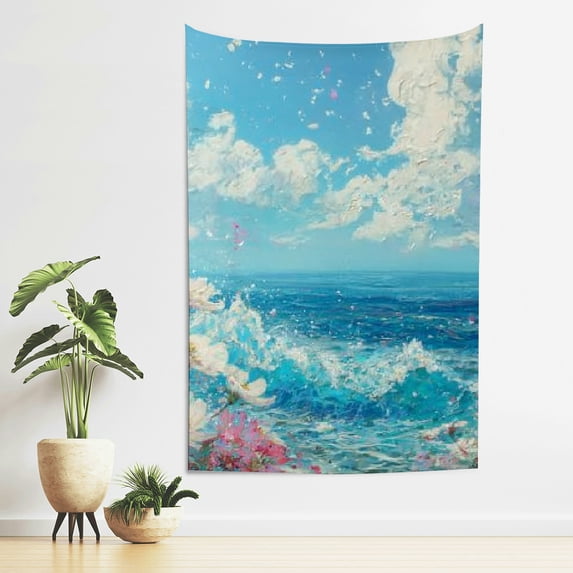 ZFLMY Ocean Clouds Flowers Print Tapestry Wall Hanging Art 40*60in