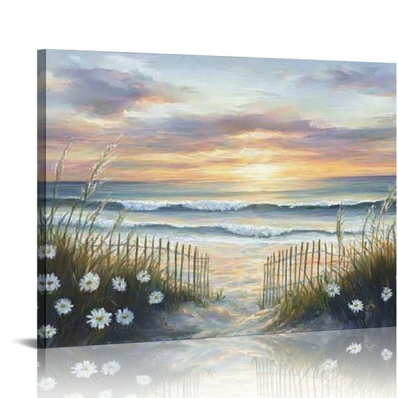 ZFLMY Ocean Theme Floral Canvas Wall Art Bathroom Wall Decoration Seaside Sunrise White Flowers Beach Pictures Ocean View 16x12in
