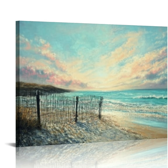 ZFLMY Ocean teal wall art canvas coastal beach blue turquoise landscape sunset picture, panoramic gold leaf texture large artwork, living room bedroom bathroom wall decoration 20x16in