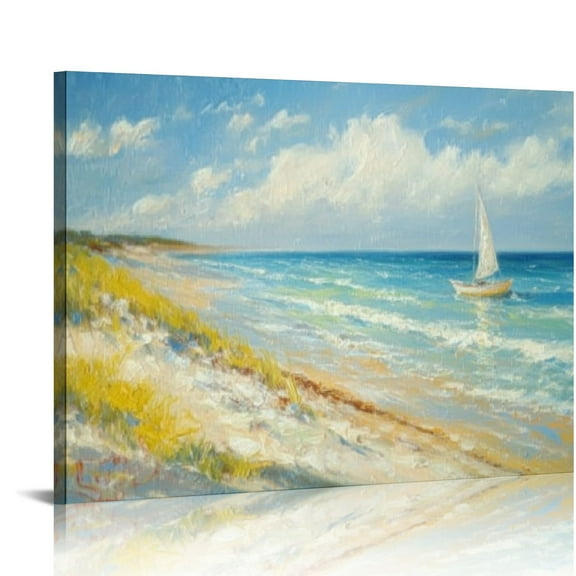 ZFLMY Ocean wall art canvas coast beach painting blue landscape sunset picture, modern turquoise panorama sailboat texture large artwork, living room bedroom bathroom wall decoration 16x12in