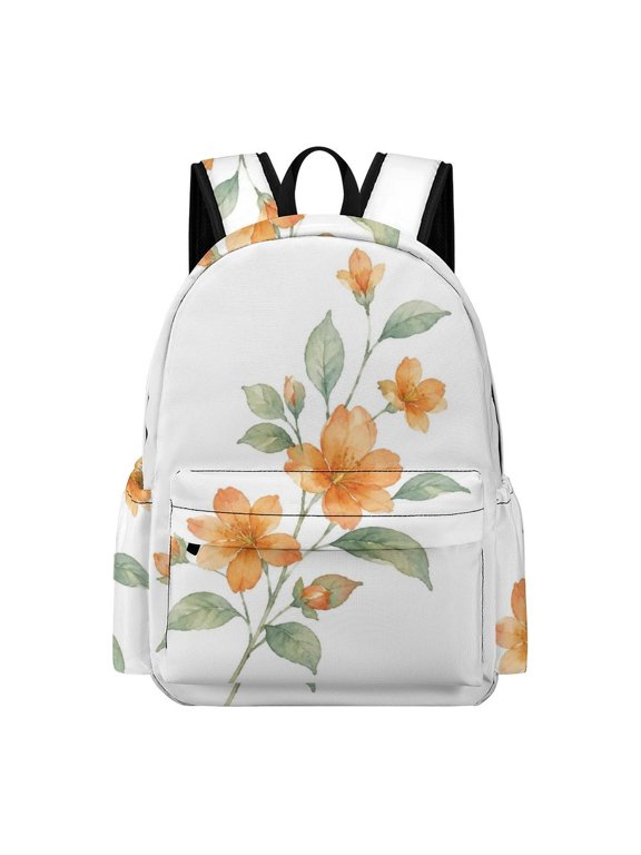 Orange Flower Stem Watercolor Illustration Printed Oxford Backpack, Large Capacity Laptop Backpack, Water Resistant, Travel Daypack for College Work Commuting Adults, 42x30x15cm
