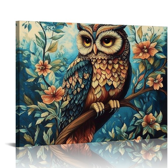 ZFLMY Owl Tree Branch Flowers Wall Decor Canvas Print On Canvas Ready To Hang Room Home Art Decor 16x12in