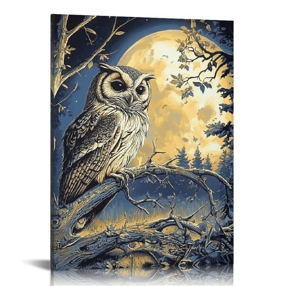 ZFLMY Owl Tree Branch Full Moon Canvas Wall Art Home Decor 12x16in