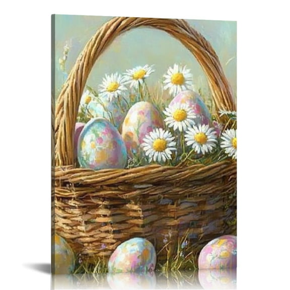ZFLMY Painted Eggs Daisies Basket Canvas Print Wall Art for Home Decor Office | Easter Theme Wall Decor 12x16in
