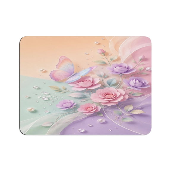 ZFLMY Papercraft Butterfly Pink Purple Roses With Pearls And Sheer Ribbon Mouse Pad, Square Smooth Surface Desk Mat, Stitched Edge for Office, Laptop, Computer, Home