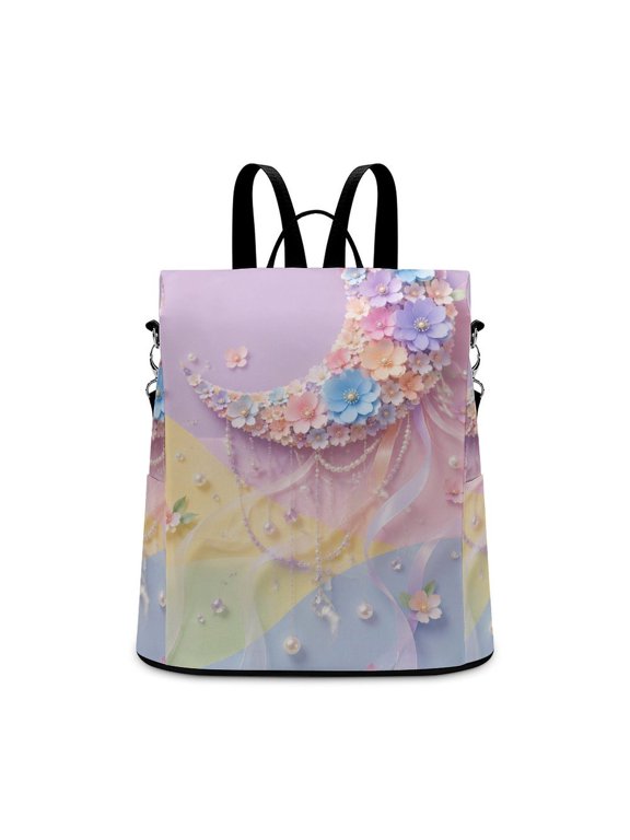 Papercraft Floral Crescent Moon With Pearls And Sheer Ribbon Anti Theft Backpack, Purse for Women, Secure Back Zipper, Multi-Purpose Rucksack Backpack With Adjustable Strap, Womens Travel Backp