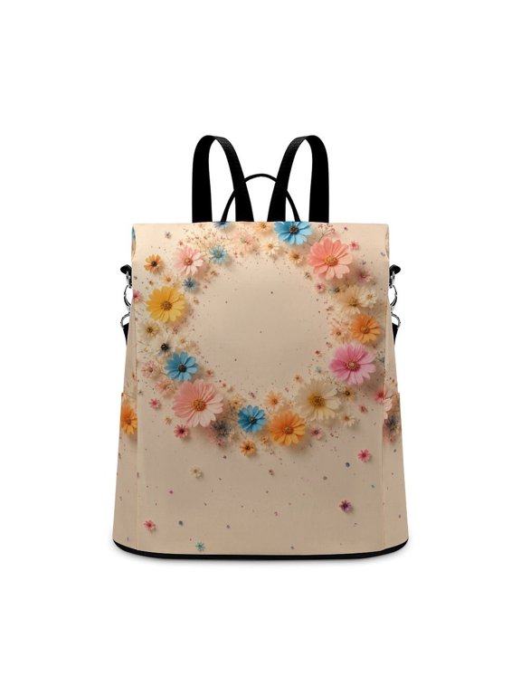 Pastel Multicolor Daisy Flower Wreath With Confetti On Cream Background Anti Theft Backpack, Purse for Women, Secure Back Zipper, Multi-Purpose Rucksack Backpack With Adjustable Strap, Womens T