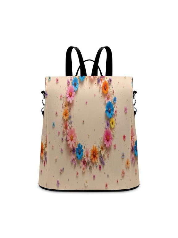 Pastel Multicolor Daisy Heart Wreath With Confetti On Cream Background Anti Theft Backpack, Purse for Women, Secure Back Zipper, Multi-Purpose Rucksack Backpack With Adjustable Strap, Womens Tr