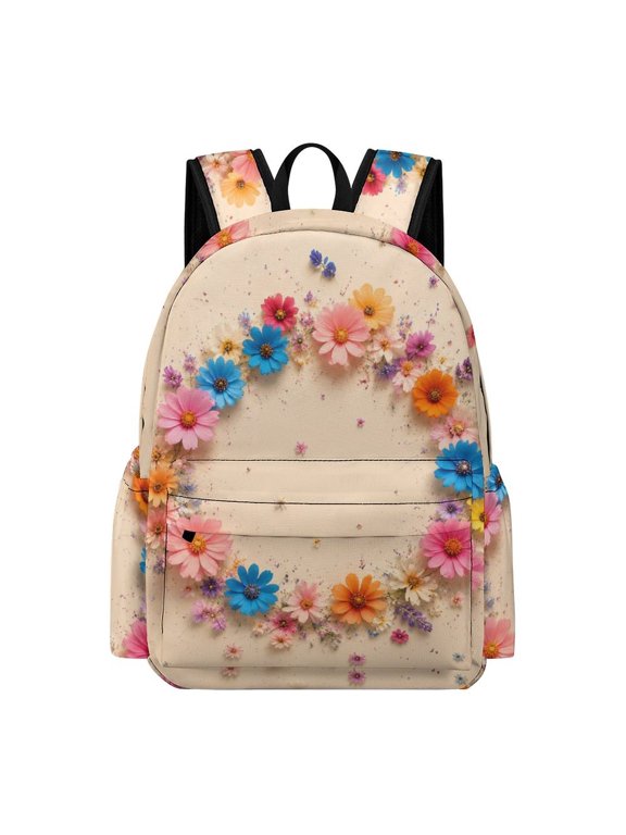 Pastel Multicolor Daisy Heart Wreath With Confetti On Cream Background Printed Oxford Backpack, Large Capacity Laptop Backpack, Water Resistant, Travel Daypack for College Work Commuting Adul