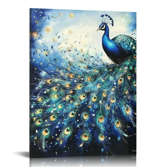 ZFLMY Peacock Feathers Stars Ready To Hang Canvas Wall Art 12x16in