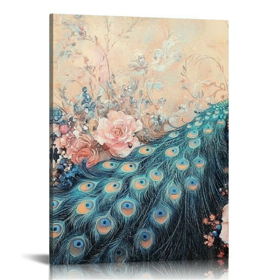 ZFLMY Peacock Flowers Wall Decor Canvas Print for Home Living Room Bedroom Office, Fashion Kitchen Pictures, Perfect Gift for Various Occasions, Artistic Home Decoration 12x16in
