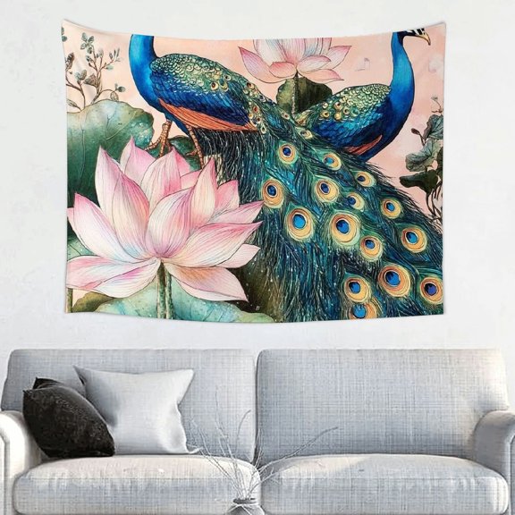 ZFLMY Peacocks Lotus Flower Exquisite Detail Home Wall Tapestry Art 100% Polyester Wall Decoration Wall Hanging for Decorative Bedroom Living Room - 4 Sizes Available 40x30in