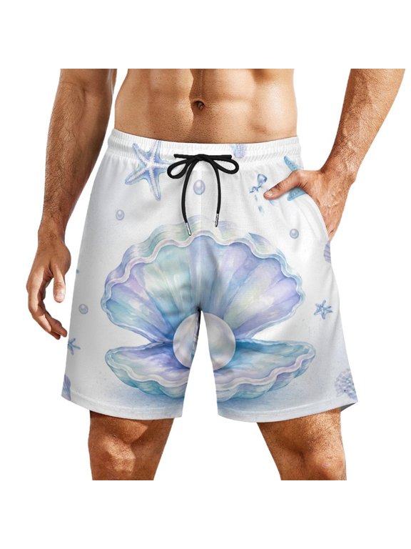 Pearl Shell Seahorse Starfish Men's Beach Shorts, Breathable Mesh Lining Quick Dry with Pockets, Casual Swimwear for Adults,