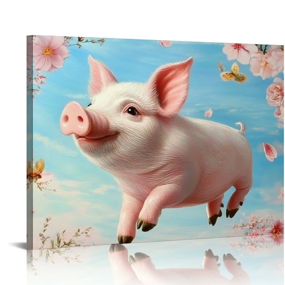 ZFLMY Pig Flying Flowers Wall Art Canvas Modern Prints Ready To Hang Home Decor 20x16in