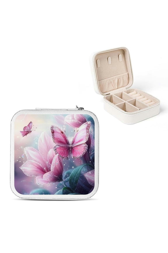 Pink Flower Butterfly Travel Jewelry Box for Bridesmaids Gifts White