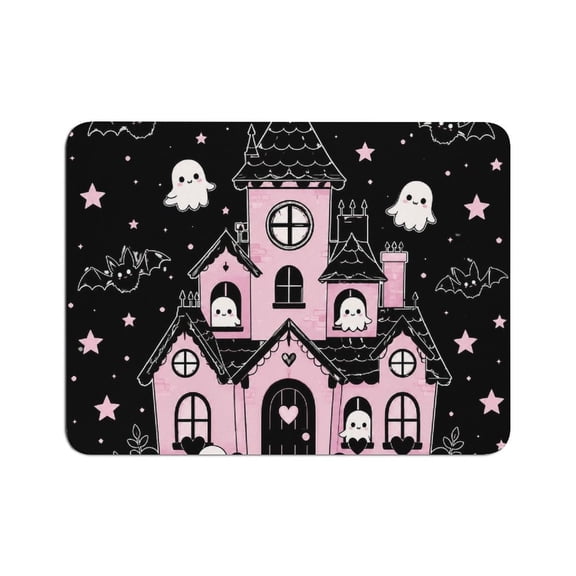 ZFLMY Pink Haunted House Ghost Bat Mouse Pad, Square Smooth Surface Desk Mat, Stitched Edge for Office, Laptop, Computer, Home