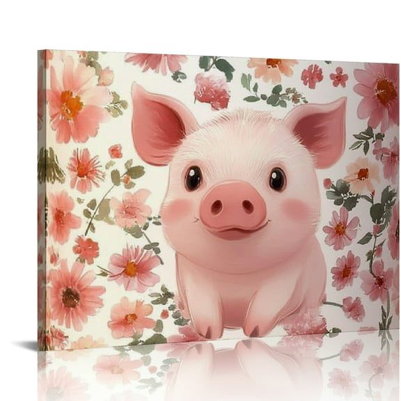 ZFLMY Pink Pig Flowers Canvas Prints Wall Art Decor for Bedroom Kitchen Ready to Hang Home Decor 16x12in