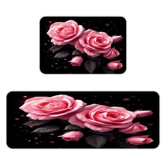 ZFLMY Pink Roses Whispering at Night Kitchen Mats for Floor, Sets of 2, Soft Washable, Clear Print, Non Skid Waterproof Kitchen Rug for Sink Floor Sink Laundry Bar Office Room Home Cooks