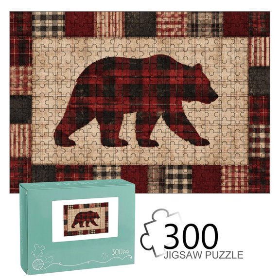 ZFLMY Plaid Patchwork Bear Silhouette Jigsaw Puzzle for Adults Challenging Game with Reference Poster,Home Display Piece Gift for Family Indoor Activity