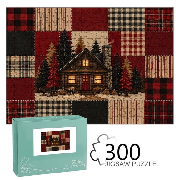 ZFLMY Plaid Patchwork Cozy Log Cabin Jigsaw Puzzle for Adults Challenging Game with Reference Poster,Home Display Piece Gift for Family Indoor Activity