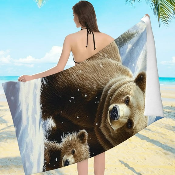 ZFLMY Pool Towel - Bear Cubs Snow Print, Machine Washable for Bathroom, Beach, Yoga, Camping, Hiking, Oversize 55.1x27.6 Inches 55.1x27.6in