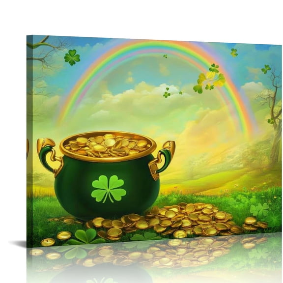 ZFLMY Pot of Gold Rainbow Canvas Wall Art Christmas Print Decor, Ready To Hang Home Room Decoration 20x16in