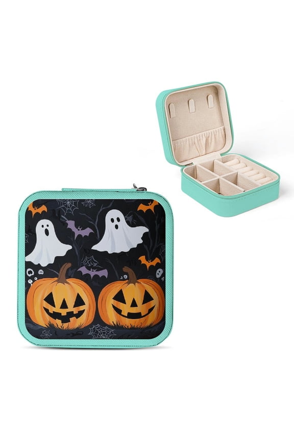 Pumpkins Bats Ghost Mini Jewelry Travel Case Organizer for Necklace Ring Earring, Compact Size Zipper Storage Box Green