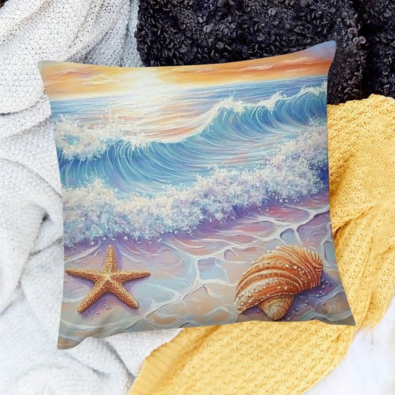 ZFLMY Purple Beach Theme Throw Pillow Covers Kids Summer Ocean Wave Pattern Cushion Case for Boys Girls Coastal Starfish Seashell Sealife Sea Creatures Decor Pillowcase Home Decor 24x24in