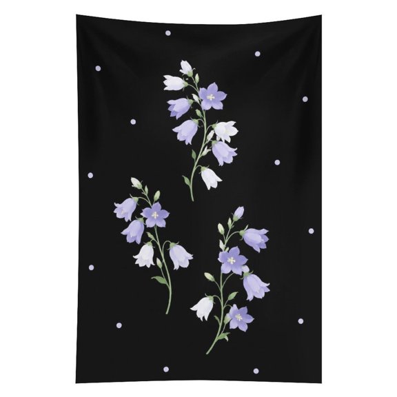 ZFLMY Purple And White Bellflower Branches With Pale Purple Dots On Black Background Tapestry in Green Fields, Polyester Printed Wall Hanging, Suitable for Bedroom, Dormitory and Living Room, Aesthet