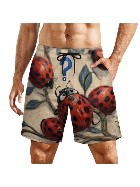 Question Mark Ladybug on Branches Men's Beach Shorts, Breathable Mesh Lining Quick Dry with Pockets, Casual Swimwear for Adults,