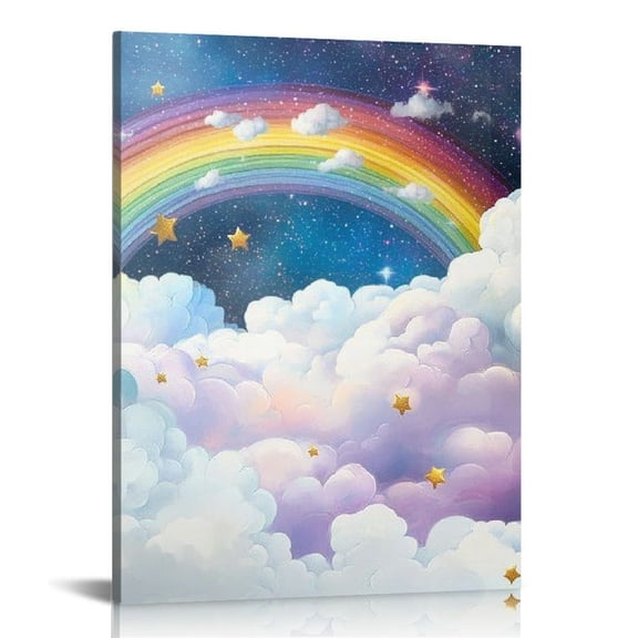 ZFLMY Rainbow Clouds Stars Wall Art Canvas Print Home Decor for Bathroom Living Room Bedroom Office, Perfect Gift Ideas for Various Occasions 12x16in