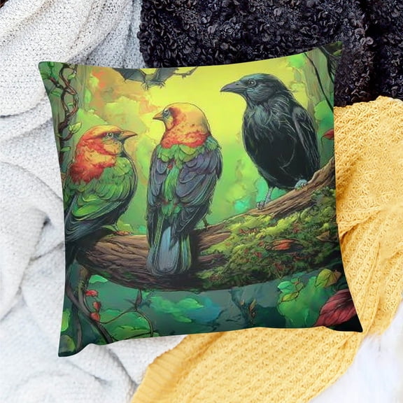 ZFLMY Rainforest Throw Pillow Covers Green Crow Branch Pillow Covers, Cartoon Birds Cute Cushion Cases, Summer Sunlight Decorative Square Pillow Cases 18x18in