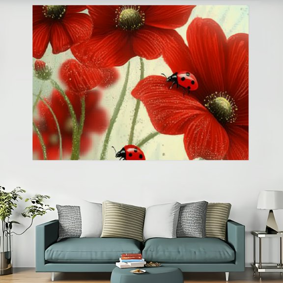 ZFLMY Red Flowers Ladybugs Wall Art Tapestry Home Decoration 60x40in