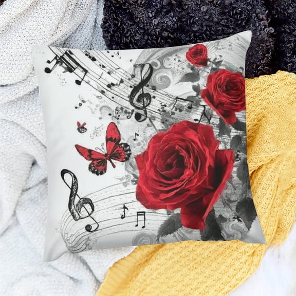 ZFLMY Red Rose Throw Pillow Cover  Musical Notes Gray Black Spiral Graffiti Cushion Cover for Kids Teens Adults Romantic Flowers Wild Butterfly Cushion Case for Housewarming 20x20in
